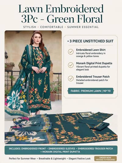 3Pcs Green Embroidered Lawn Suit - New - 90*70 Lawn
