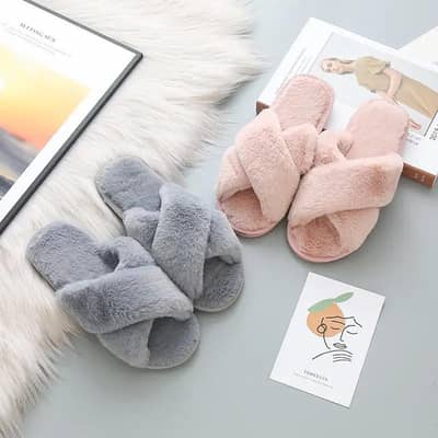 Women’s Pink Fur Cross Slippers – Soft, Stylish & Comfortable
