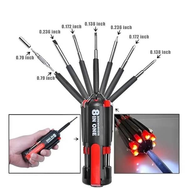 T   Compact 8 In 1 Multi Screwdriver Tool Set With 6 LED Torch
