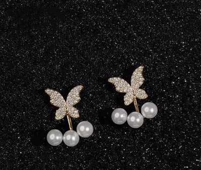 Butterfly Zircon Earrings – Golden & Silver Pearl Drop