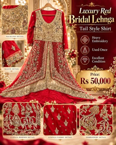 Luxury Red Bridal Lehnga Tail Style Shirt - Heavy Embroidery