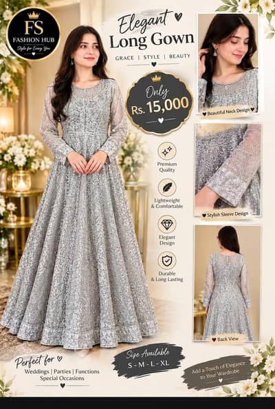 Silver Long Gown | Embroidered Party Wear Maxi | Wedding & Formal Dres