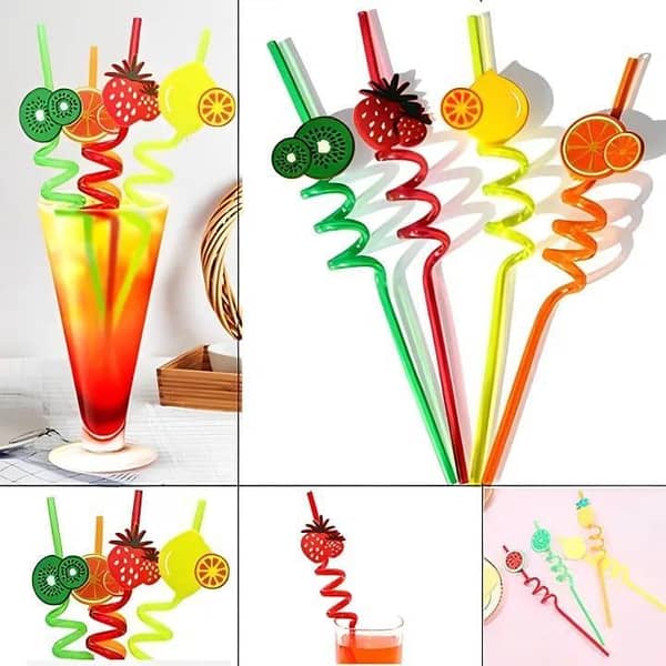 T   Pack Of 4 PCs Re-Usable Plastic Fruits Acrylic Drinking Straws
