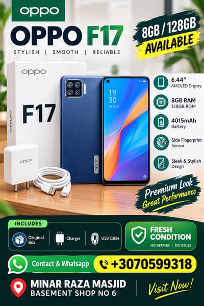 OPPO f17 AVAILABLE CONDITION 9/10 8/128 WITH BOX AND CHARGER