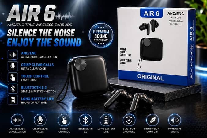 Original Air 6 Wireless Bluetooth Earbuds Noise Cancelling TWS Gaming Headset | Waterproof Sport Earphones, Immersive Sound, Heavy Bass Buds with Mic, Wide Compatibility for All Smartphones