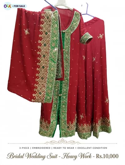 Bridal Wedding Suit  Red Green Heavy Embroidered 3 piece