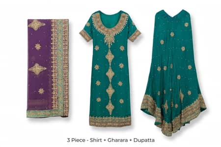 Valima Bridal Suit Green Purple - Heavy Embroidered work 3 piece