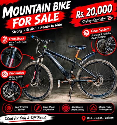 Mountain Bike with Gears, Front Shock & Disc Brakes