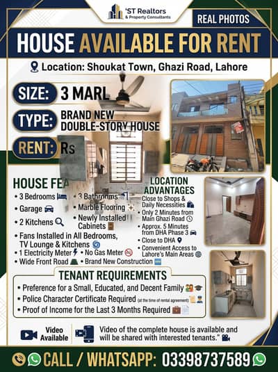 3 Marla Double house for rent  Shoukat Town, Ghazi Road,