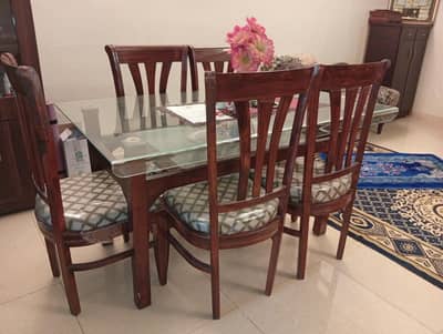 6-Seater Solid Wood Dining Table With Glass Top & Cushion Chairs