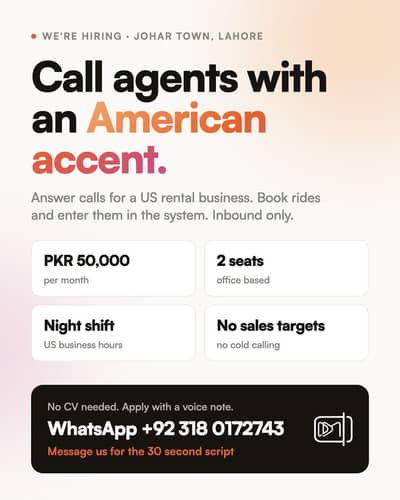 Call Agent (US inbound, American Accent), Night Shift, Johar town LHR