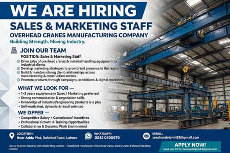 Sale And Marketing Staff required For Overhead Cranes Manufacturing Co