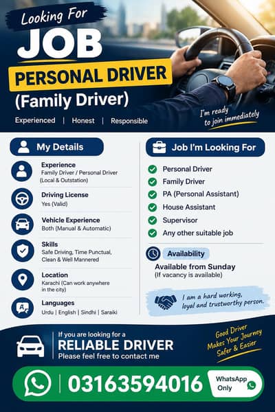 Educated  Driver / PA / House Assistant / Supervisor Required Job