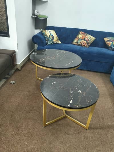 Coffee Table Set, Black Marble Top & Golden Metal Legs
