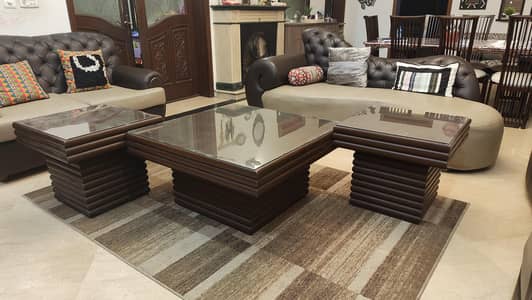 Wooden Dining Table Set. 1 Center Table, 2 Side Tables