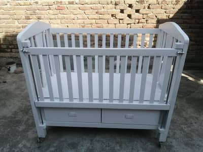 Baby Cot | White Wooden Baby Cot with Mattress