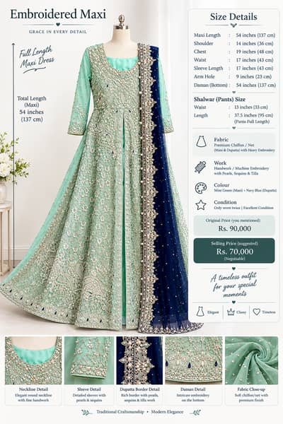 Luxury Mint Green Embroidered Maxi with Navy Blue Dupatta