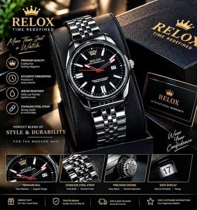 RELOX Luxury Stainless Steel Men's Watch – Black Dial