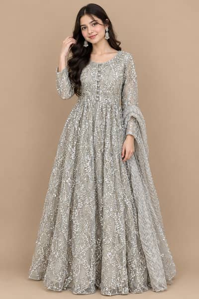 Elegant Grey Silver Embroidered Net Maxi Dress With Dupatta
