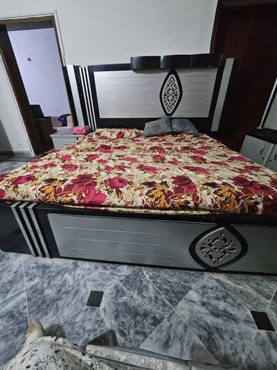 A beautiful decopaint king Bed with side tables mattress and dressing