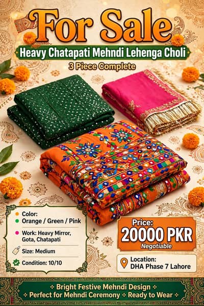 Lehenga Choli Orange green pink 3 piece for sale