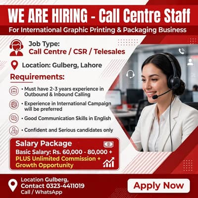 Call Centre Staff Required in Gulberg Lahore | International Campaign