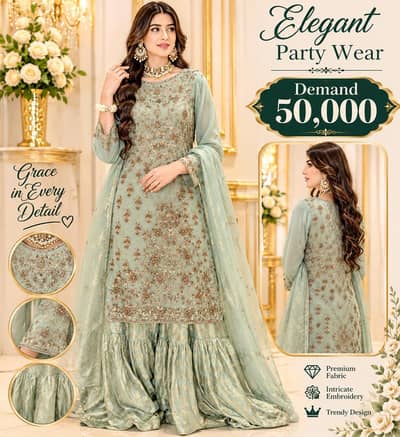 Elegant Mint Green Embroidered Sharara Suit – Party & Wedding Wear