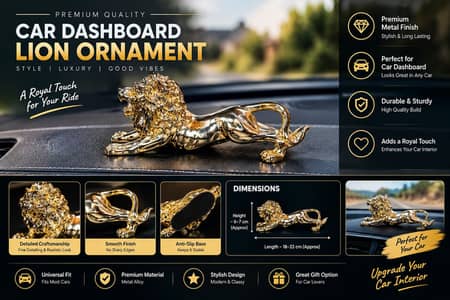 Title: Golden Lion Car Dashboard Ornament – Premium Design
