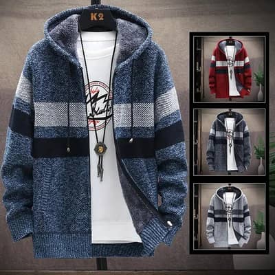 Men Striped Hooded Knit Cardigan Autumn Winter