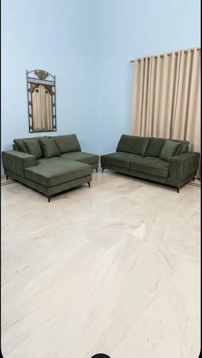 Luxury Olive Green Suede Velvet Sofa Set With L shape Chaise.
