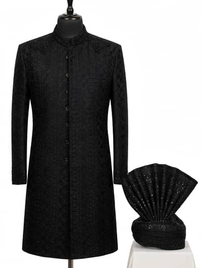 Black Embroidered Sherwani Set - 1 Time Used - Original 70k