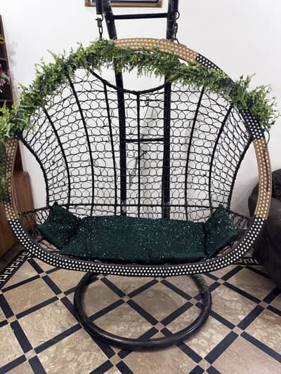 Large 2–3 Seater Hanging Swing with Stand & Cushions – Rs. 20,000