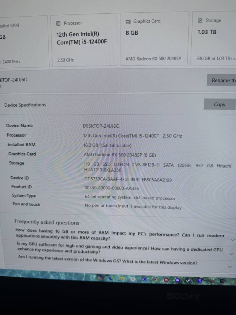 Core i5 12th gen | 16gb ddr 4 ram | Rx 580 8gb sapphire | 1 tb hhd | 2