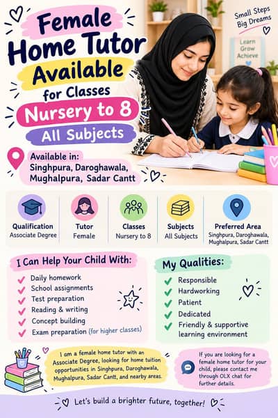 Qualified and experienced female home tutor available