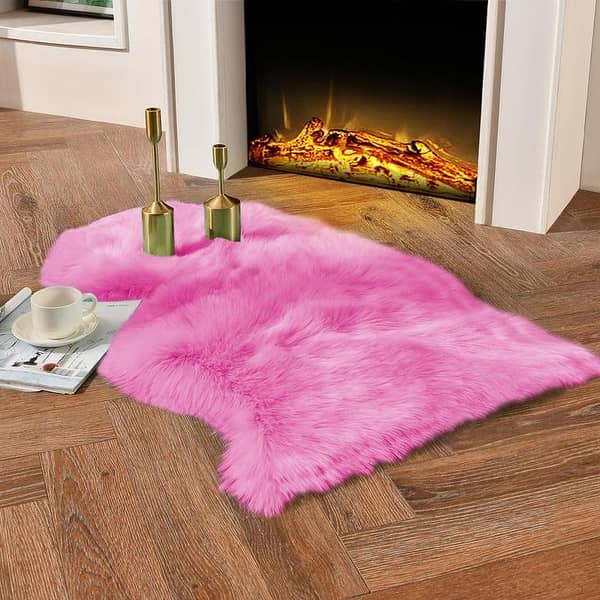 Faux Sheepskin Rug Pink Fur - Soft Shaggy Floor Mat 2ft x 3ft