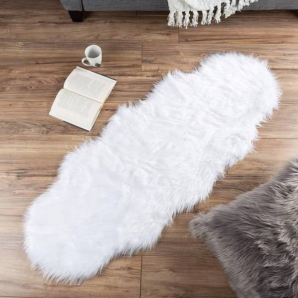 Faux Sheepskin Rug White Fur 2ft x 6ft - Soft Shaggy Hairy Double Pelt Floor Mat