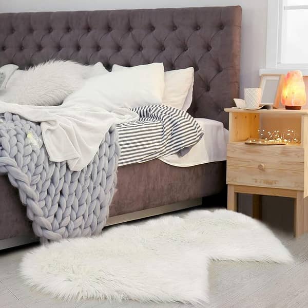 Faux Sheepskin Rug with White Double Heart Design, 18 x 36 inches