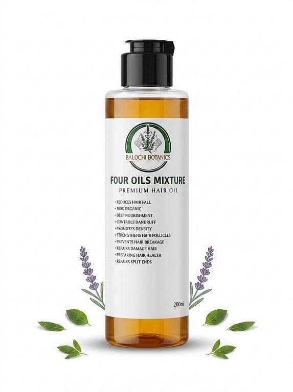 BALOCHI BOTANICS FOUR OILS MIXTURE Hair Oil 200 ml – 100% Pure Organic Oil for Hair Growth, Anti-Dandruff & Hair Fall Control