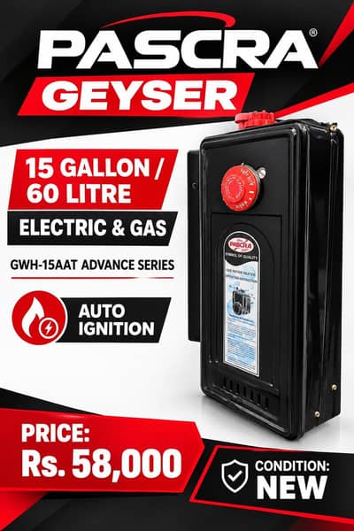 PASCRA 15 Gallon / 60L Electric & Gas Geyser – Auto Ignition