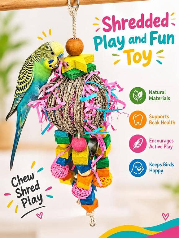 UK bird toys Bird Parrot Shredding Toy for Cockatiel, Conure & Small to Medium Parrots – Colorful Natural Jute Ball, Wooden Blocks, Beads, Paper Strips & Bell Hanging Chew Toy for Biting, Foraging, Playing and Mental Enrichment