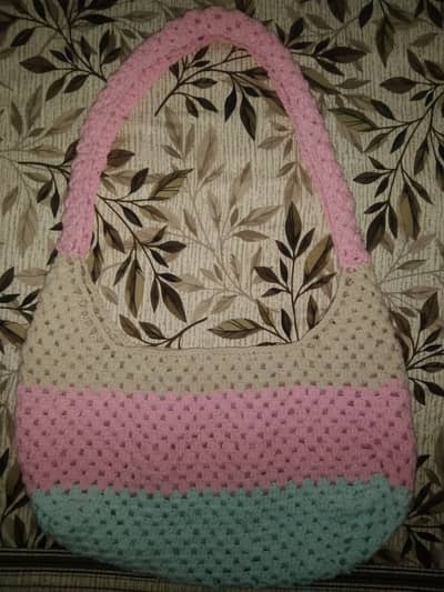 Handmade Crochet Shoulder Bag, Pink Beige Mint