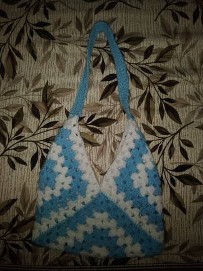 Handmade Crochet Shoulder Bag, Sky Blue & White Granny Stitch