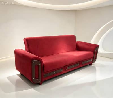 Red Velvet Sofa Cum Bed - 3 Seater