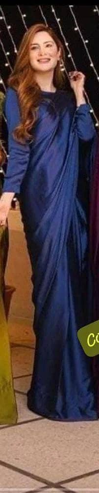 Elegant Plain Blue Shalmose Silk Saree - Stitched 3-Piece Set