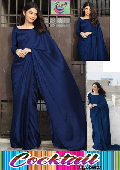 Elegant Plain Blue Shalmose Silk Saree - Stitched 3-Piece Set
