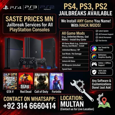 PS4, PS3 & PS2 Jailbreak Services & Game Installation in Multan.