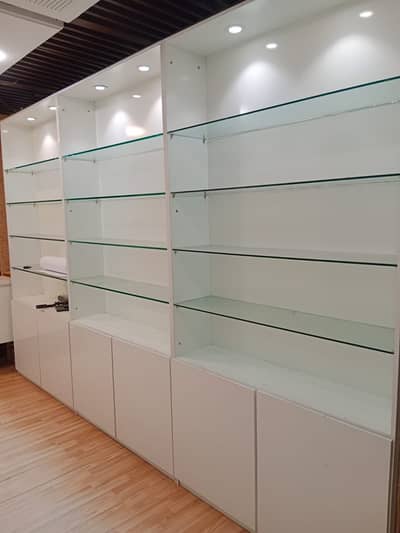 White Shop Display Shelves / Glass Racks & Storage Cabinets For sale