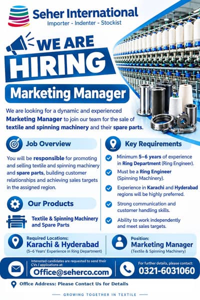 We are looking for marketing manager sales (Spinning Textile Ring Eng)