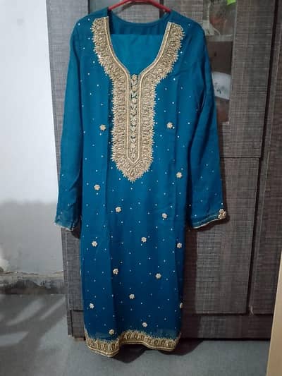 Teal blue heavy embroidered 3Pc Party wear