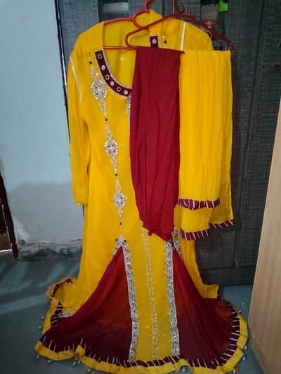 Yellow and Maroon Mehndi/Mayoon Long Frock 3Pc-Heavy Stone Work